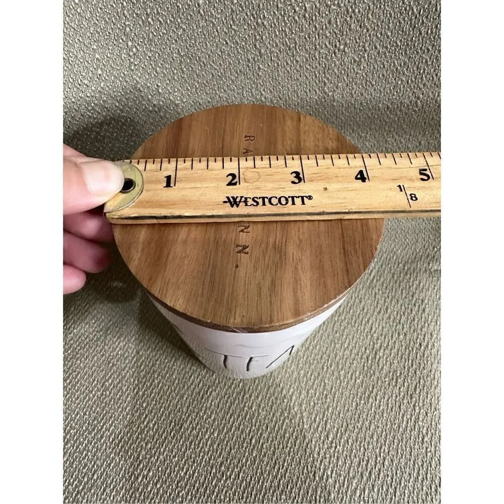 Rae Dunn TEA Cellar Canister Storage Ivory Brown Wood Lid Farmhouse 7” X 4”